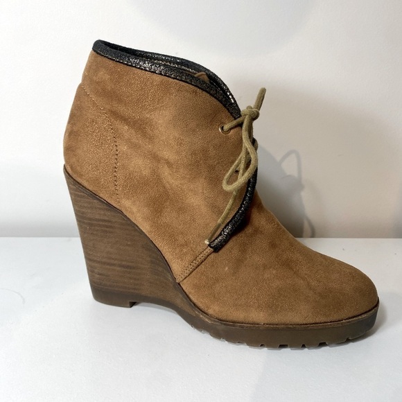 Vanessa Wu Anthropologie Brown Wedge Booties Boot US 7 Ties Boho Country Western - Picture 1 of 13